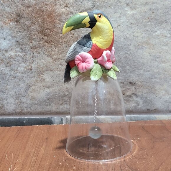 Toucan Bird Figurine on a Glass Bell  Silver Tone Chain Glass Ball - Picture 3 of 9